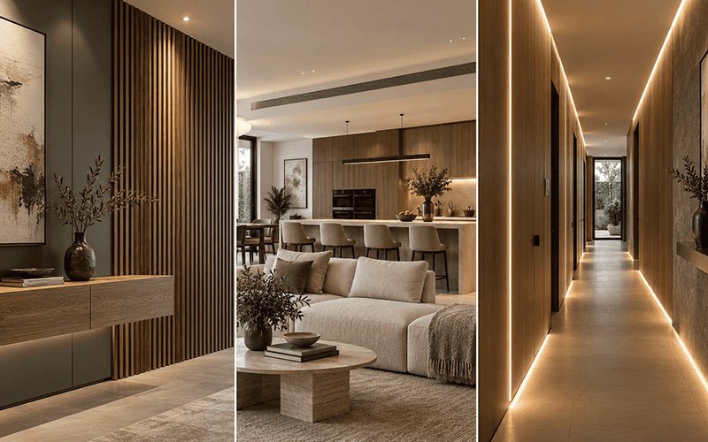 custom-colored and wood-grain wall installations&residential fit-outs& integrated LED detailing
